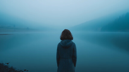 Fototapeta premium Person standing in front of a calm pale blue lake at dawn with rising mist, Generative AI illustrations.