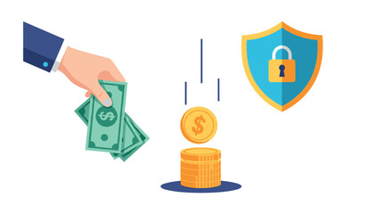 Secure financial transactions and investment protection concept with cash payment and a cybersecurity shield icon.