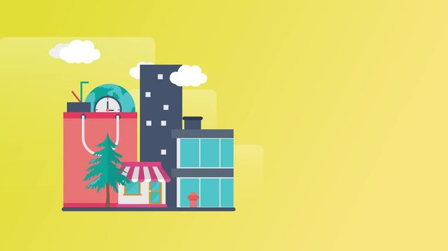 Digital illustration of shopping bag, buildings and cityscape abstract design