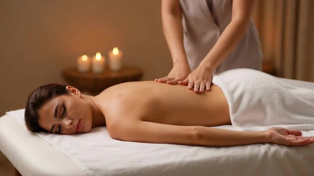 High end spa environment featuring a professional full body massage session with calming candlelight and serene ambiance, ideal for wellness, relaxation, and healthcare concepts