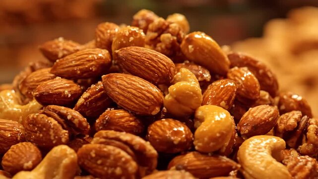 Close-up Macro Shot of Candied Mixed Nuts Piled High, Including Almonds, Pecans, and Cashews Coated in Sweet Sugar Glaze for Dessert or Snack Food