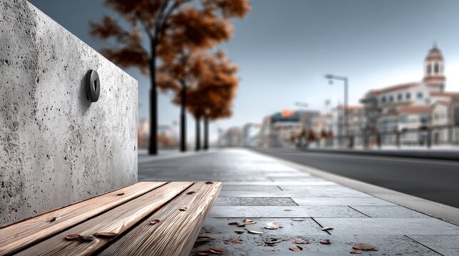 A wooden bench rests on a quiet urban street sprinkled with autumn leaves, with distant buildings in view