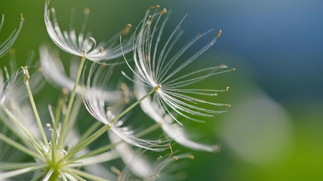 Delicate white dandelion seeds with water drops against green blur