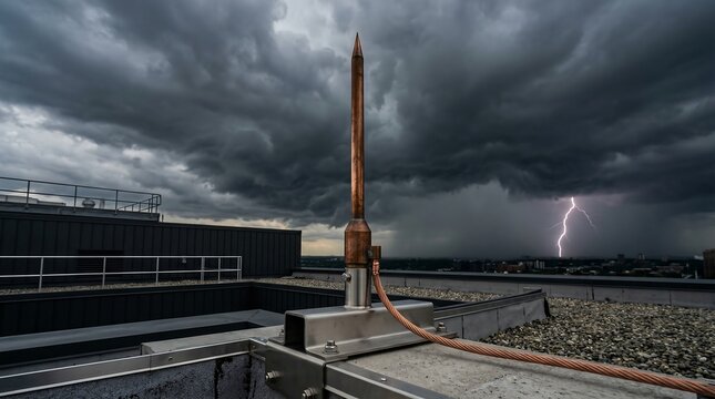 Lightning Rod Air Terminal Rooftop Installation Close Up Storm Sky Building Protection