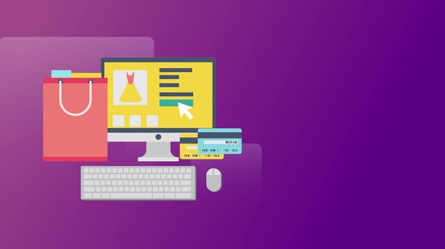 Online shopping illustration featuring computer shopping bag and credit card details