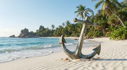 A large weathered boat anchor rests half-buried in the white sand of a tropical beach paradise.