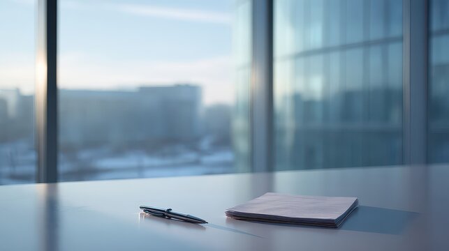 Close Up of Silver Pen and Pad on White Table Surface with Cityscape Background at Daytime