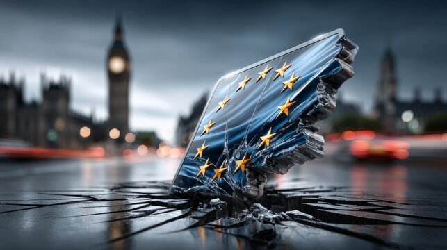 A piece of the European flag stands strong in a cracked urban landscape, representing unity's strength and challenges