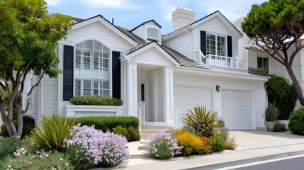 Fototapeta premium White suburban house with lush garden landscaping