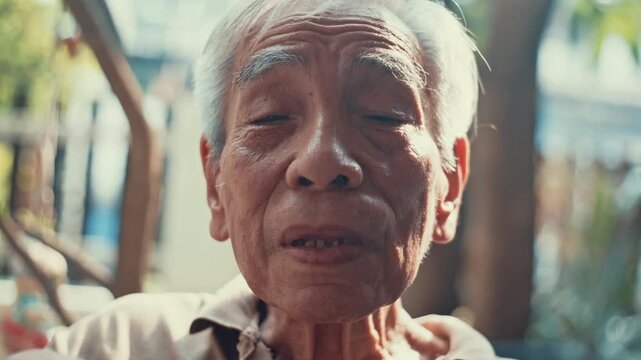 Close-up of a wrinkled elderly Asian man looking directly at the camera.