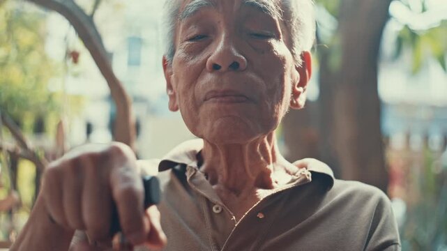 A cheerful senior man leaning on his walking stick,with a focus shift from foreground