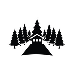 Fototapeta premium Silhouette of a cozy cabin surrounded by tall pine trees vector illustration, christmas tree farm silhouette vector illustration