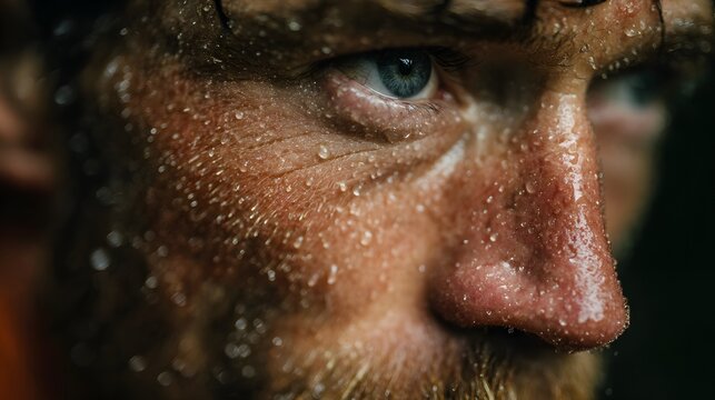Extremes Nahportr&auml;t eines b&auml;rtigen Mannes mit entschlossenem Blick