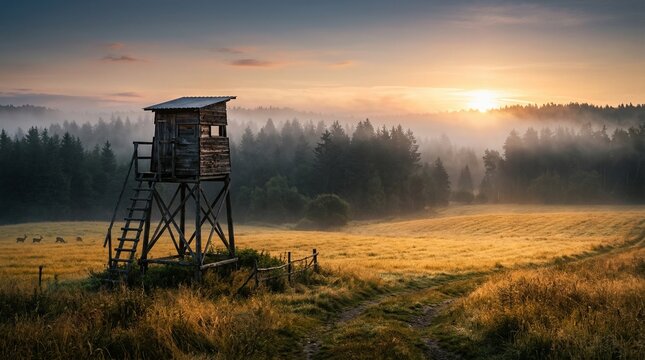 Rustic wooden hunting stand on a grassy field at sunrise with a misty forest and grazing deer in the background