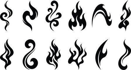 Set of twelve black smoke and fire swirl silhouette icons isolated on a white background. © HELP ME
