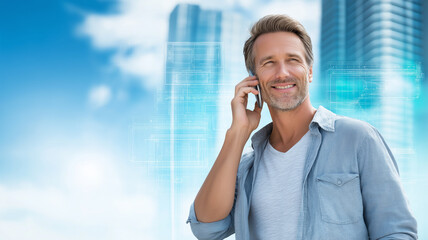 A man smiles as he chats on his smartphone, surrounded by tall buildings and a sunny sky Generative AI