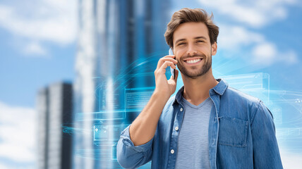 A cheerful man with a confident smile is talking on his smartphone surrounded by modern buildings Generative AI