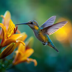Obraz premium A tiny hummingbird flutters to feast on bright orange lilies, showcasing nature's beauty in motion Generative AI