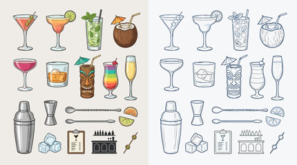 A collection of cocktail illustrations, including various glasses, bar tools, and garnishes, presented in both color and outline.