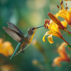 Obraz premium A tiny hummingbird flits gracefully as it feeds on bright yellow lilies in a serene garden Generative AI