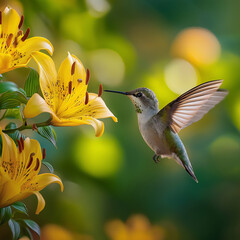 Obraz premium Delicate hummingbird flutters near bright yellow lilies, sipping nectar in a peaceful garden scene Generative AI