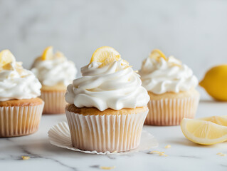 Lemon cupcakes with soft frosting and vibrant toppings are scattered on a marble countertop Generative AI
