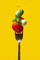 A fork holds ripe cherry tomatoes and creamy mozzarella, topped with fresh basil Generative AI