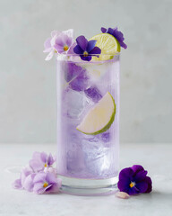 Delight in a tall, clear glass filled with a vibrant violet drink, garnished with lime and blossoms Generative AI