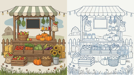 Naklejka premium A vibrant farmers market stall overflowing with fresh produce, including pumpkins, corn, tomatoes, and sunflowers, set against a rustic farm background.