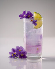 A vibrant violet cocktail garnished with lime and flowers awaits enjoyment in serene ambiance Generative AI
