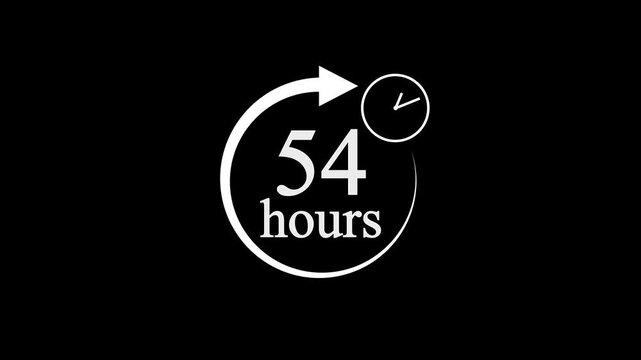 54 Hours Countdown Timer Animation. Stopwatch Clock icon with 54 Hour&rsquo;s Time Management on Black Background. 4k video.