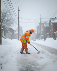 A municipal worker clears snow from the sidewalk, ensuring safe passage for pedestrians Generative AI