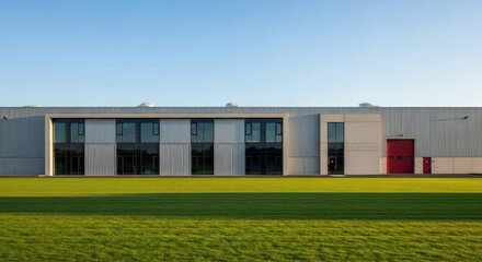 Modern industrial building with glass windows and a lush green lawn under a clear blue sky.