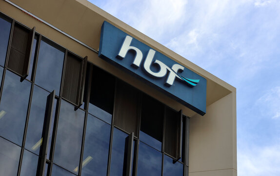 Perth, Western Australia, Australia - February 5 2026: HBF health insurance, brand name and log against building exterior. Not for profit. Copy space in sky