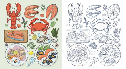 A vibrant collection of fresh seafood dishes and ingredients, including lobster, crab, salmon, shrimp, oysters, mussels, and scallops, artfully arranged.
