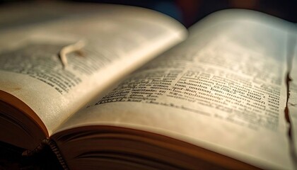 Fototapeta premium Close-up of an open, aged book with warm lighting illuminating the pages