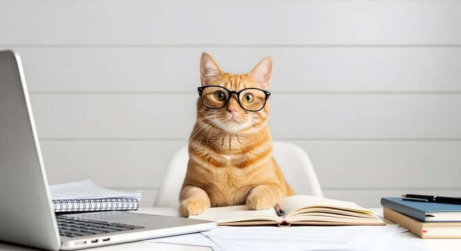Orange cat wearing glasses studying at desk with laptop and books