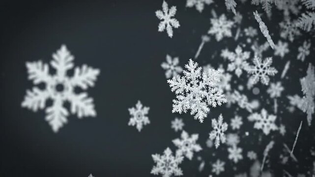 Snowflakes Falling Against Dark Background Slow Motion.