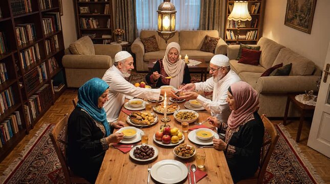 Family Gathering Dinner Scene in Cozy Library Living Room