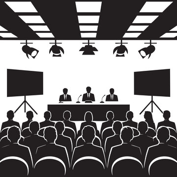 Press Conference Silhouettes in Formal Setting with Dramatic Lighting on White Background for Corporate Events