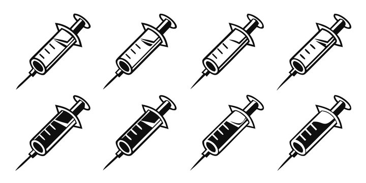 A collection of nine different types of syringes in a single image.