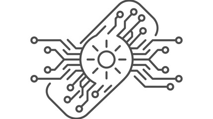 Minimalist line art icon depicting a glowing sun integrated into a stylized electronic circuit board design