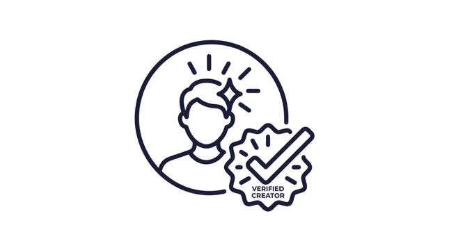 A stylized line art icon illustrating a verified creator profile with a sparkling premium badge and a checkmark, signifying authenticity and quality.