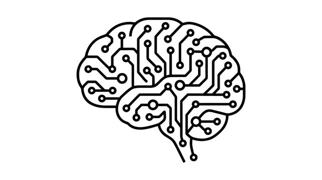 A stylized black and white illustration depicts a human brain crafted from intricate electronic circuit board pathways and connected nodes.