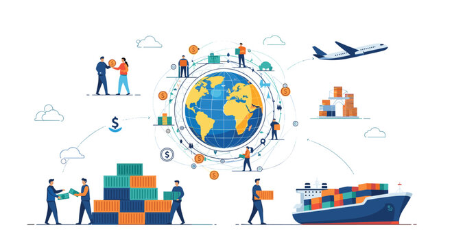 Complex network of global logistics and international trade involving cargo ships, planes, and container transport around the world.