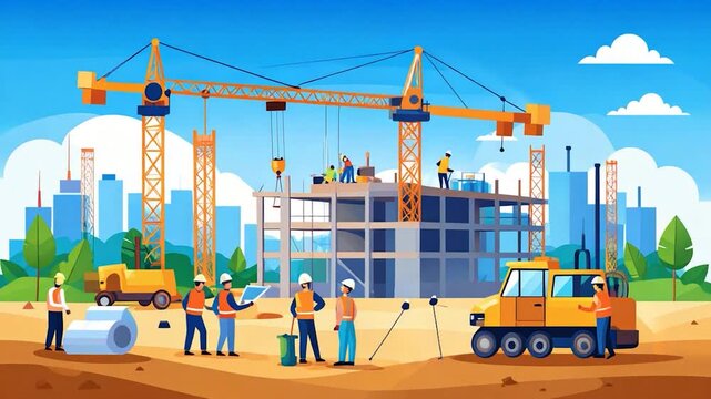 Construction scene with cranes, workers, buildings, and vehicles under a bright sky