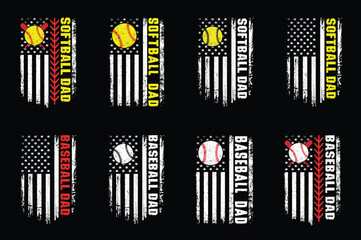 Softball And Baseball Dad USA Flag Design Set