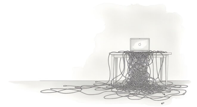 Overwhelming tangled wires and cords connected to laptop on table