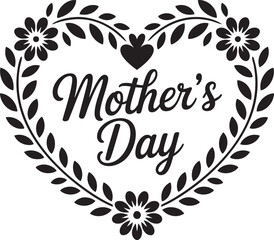 Mothers Day Heart Floral Design in Elegant Black Typography on White Background for Greeting Card