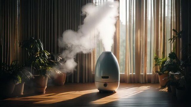 Humidifier emits steam, sunlit space with plants, wooden floor, and curtains